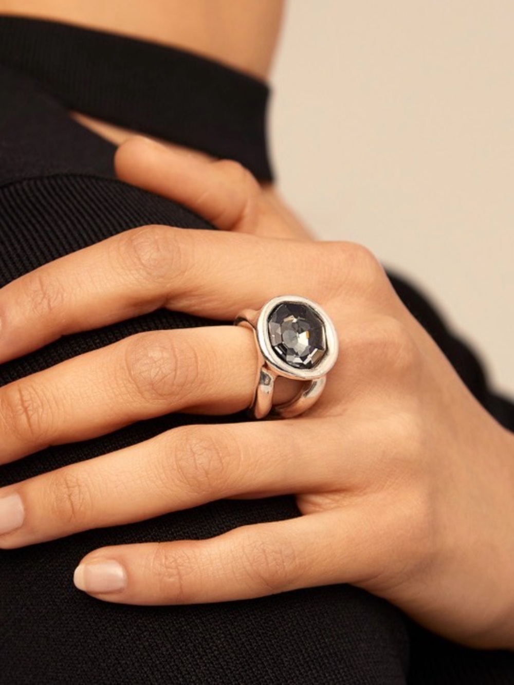 Silver Statement Ring with Black Faceted Stone. Size 6”